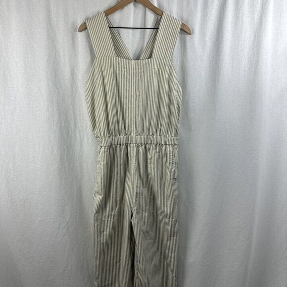 Everlane The Fatigue Apron Striped Jumpsuit Womens 8 Linen Blend Sustainable - Picture 1 of 15